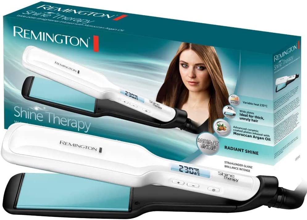 Remington Shine Therapy Wide Plate Ceramic Hair Straighteners for Longer Thicker Hair with Morrocan Argan Oil - S8550
